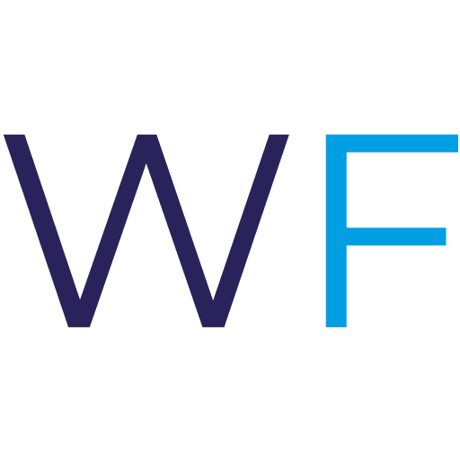 Wellbeing first Logo made up of a navy "W" and light blue "F"