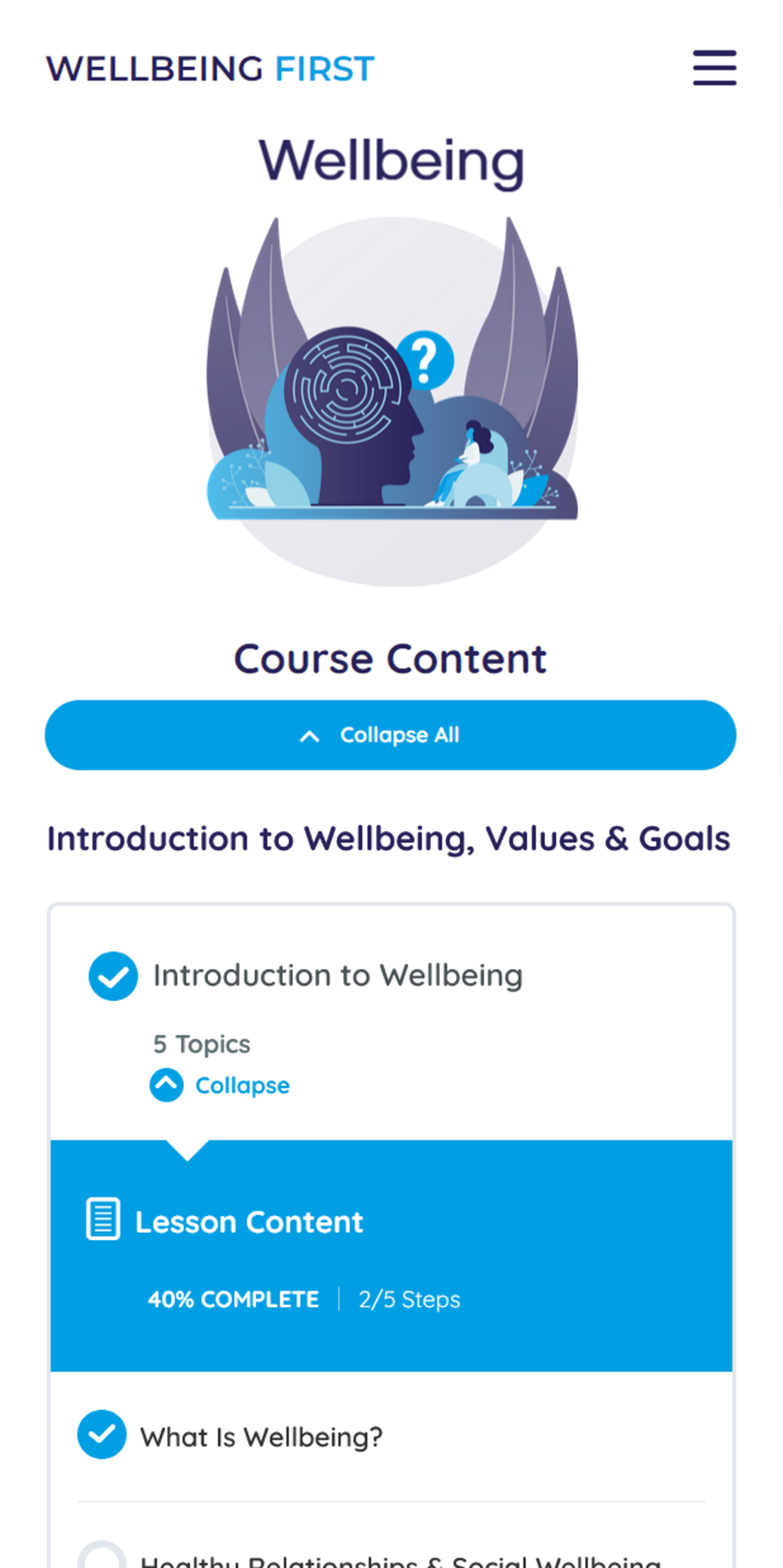 Screenshot of wellbeing first wellbeing course on mobile showing course content