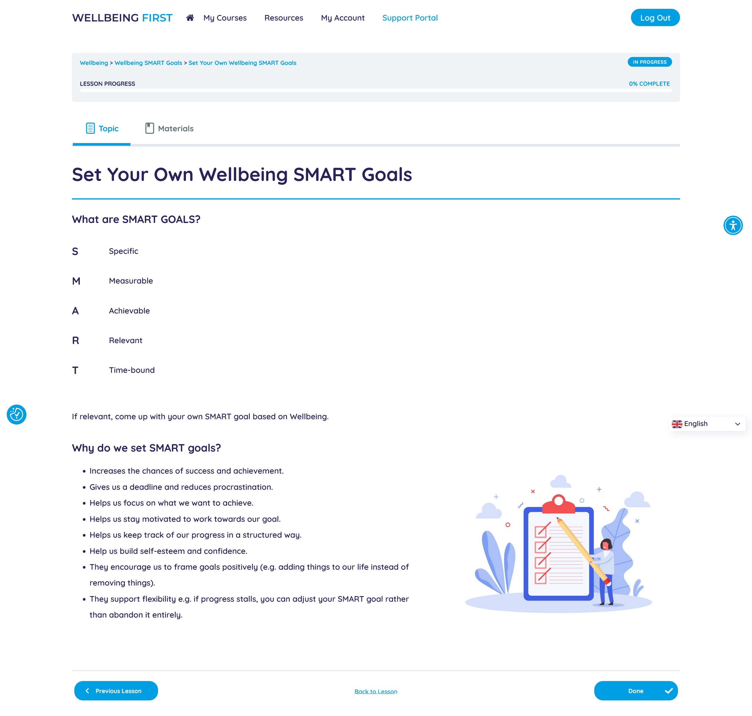 screenshot of wellbeing first goal setting page