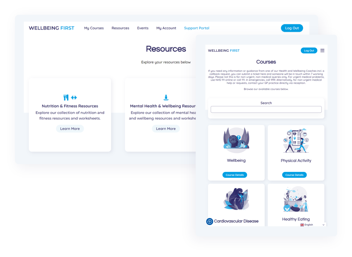 screenshot of wellbeing first course and resources pages on computer and tablet view